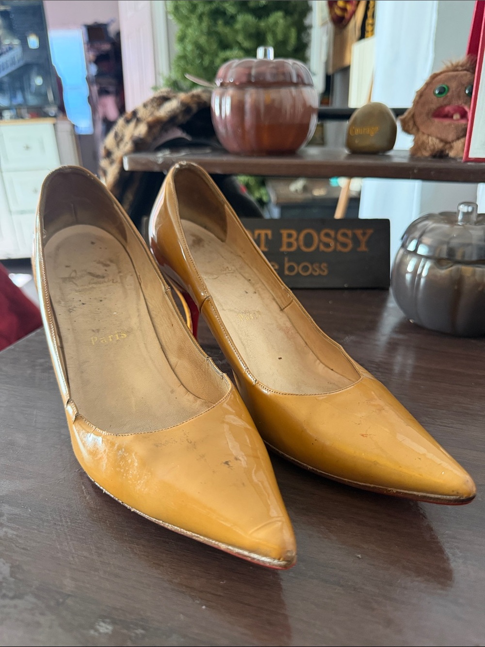 Christian Louboutin Glossy Mustard Yellow Pointed-Toe Pumps
